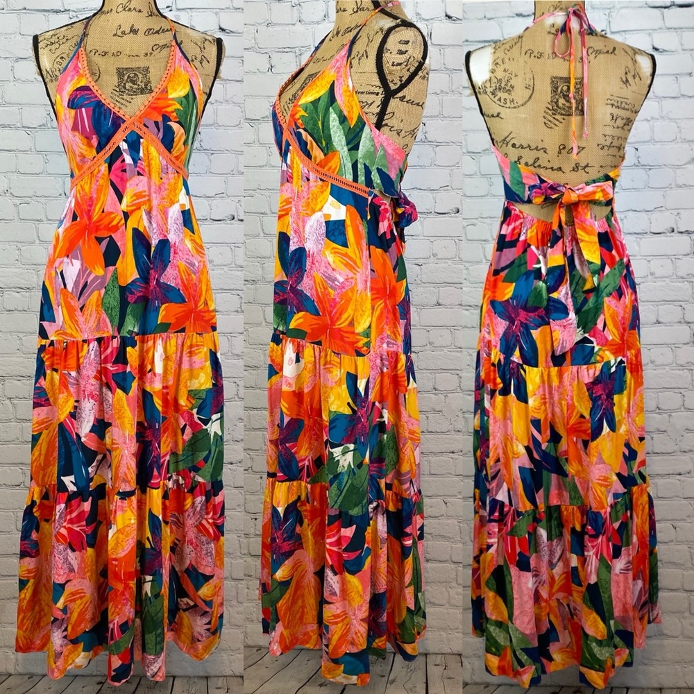 Sofia Floral Print Cami Halter Multi Tier Maxi